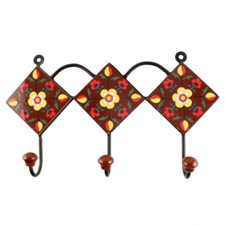 Brown Floral Ceramic Tile Wall Hook